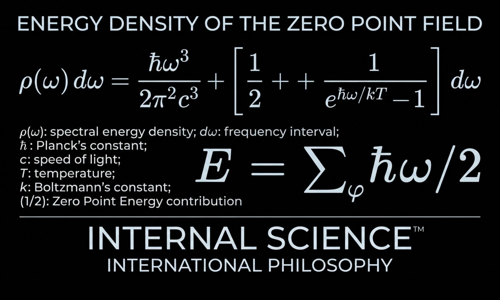 Light blue text on black background showing the energy density equation of the Zero Point Field alongside Internal Science and International Philosophy branding.