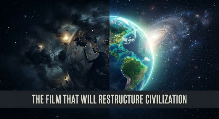 A cinematic Earth divided into darkness and light, with a banner below reading, 'THE FILM THAT WILL RESTRUCTURE CIVILIZATION'. This image links to information about 'The Dragon Slayer Prophecy' film.