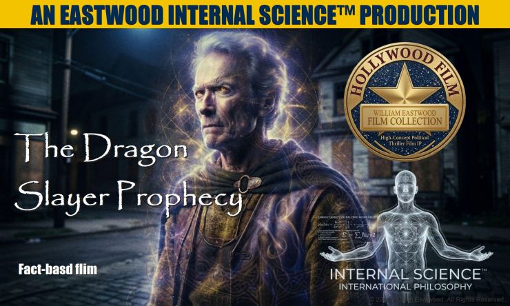 Concept banner titled "AN EASTWOOD INTERNAL SCIENCE™ PRODUCTION" for "The Dragon Slayer Prophecy: Fact-based film," showing Mrelin protecting the protagonist from dark energy in New Haven, Connecticut, with a Zero Point Field hologram and a William Eastwood Film Collection gold emblem.
