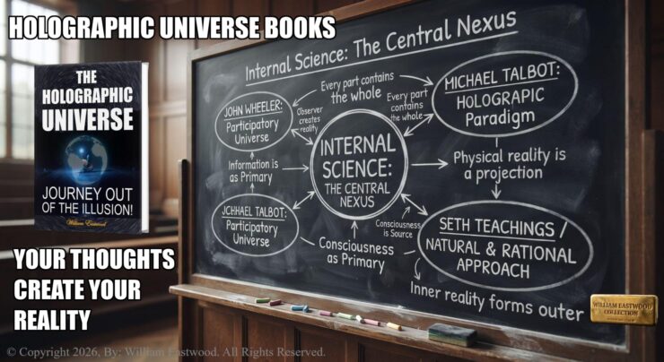The large block text, "Holographic Universe Books: Your Thoughts Create Your Reality". The cover of the book, "The Holographic Universe - Journey Out of the Illusion" next to a blackboard in a Yale Classroom. The text on the blackboard reads, "INTERNAL SCIENCE: THE CENTRAL NEXUS." At the center, a large circle labeled "INTERNAL SCIENCE" radiates three primary pathways. One leads to "JOHN WHEELER: PARTICIPATORY UNIVERSE." Another leads to "MICHAEL TALBOT: HOLOGRAPHIC PARADIGM." A third leads to "SETH TEACHINGS / NATURAL & RATIONAL APPROACH." Smaller connecting notes, such as "Observer creates reality," "Information is primary," "Consciousness is Source," and "Inner reality forms outer," detail the relationships between these frameworks. The message bridges the gap between physics, metaphysics and Internal Science, establishing consciousness as the primary reality.
