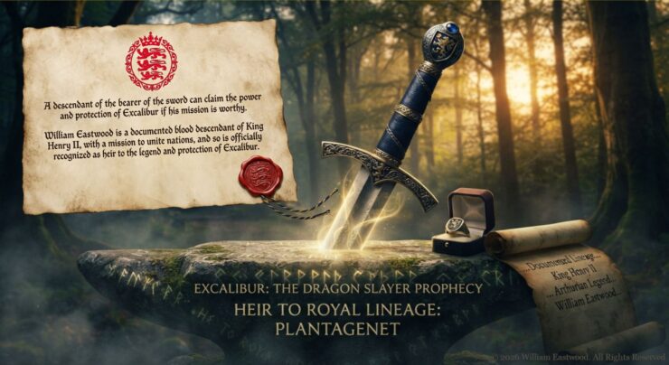 A cinematic view of a stone anvil in a sunlit forest with Excalibur embedded in it, featuring an official parchment decree naming William Eastwood as a Plantagenet descendant, alongside a gold ring and king's seal, illustrating the real history behind The Dragon Slayer Prophecy.