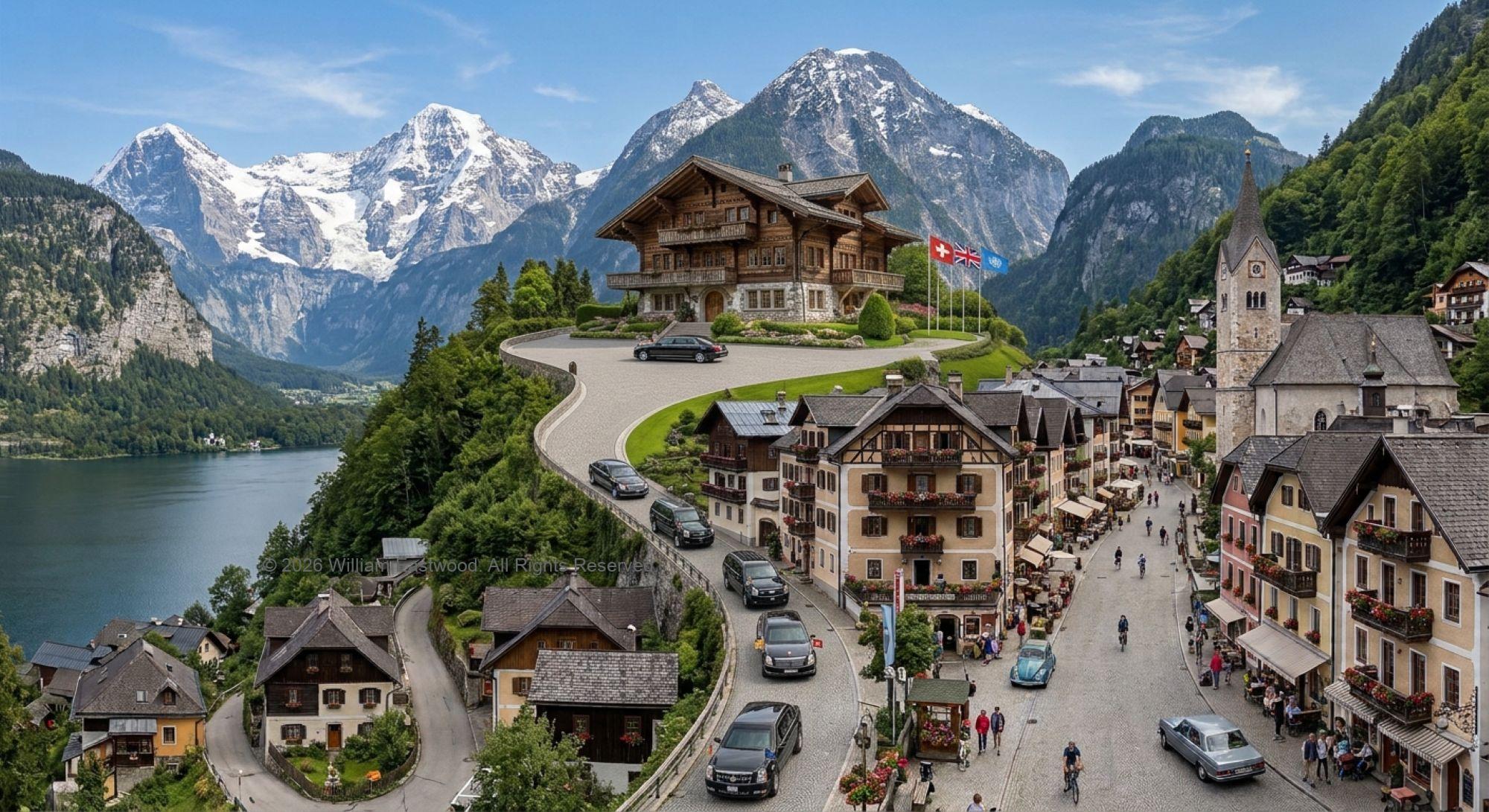 Diplomatic motorcade arriving at a high-level Alpine retreat estate for an international peace summit in the Swiss Alps.