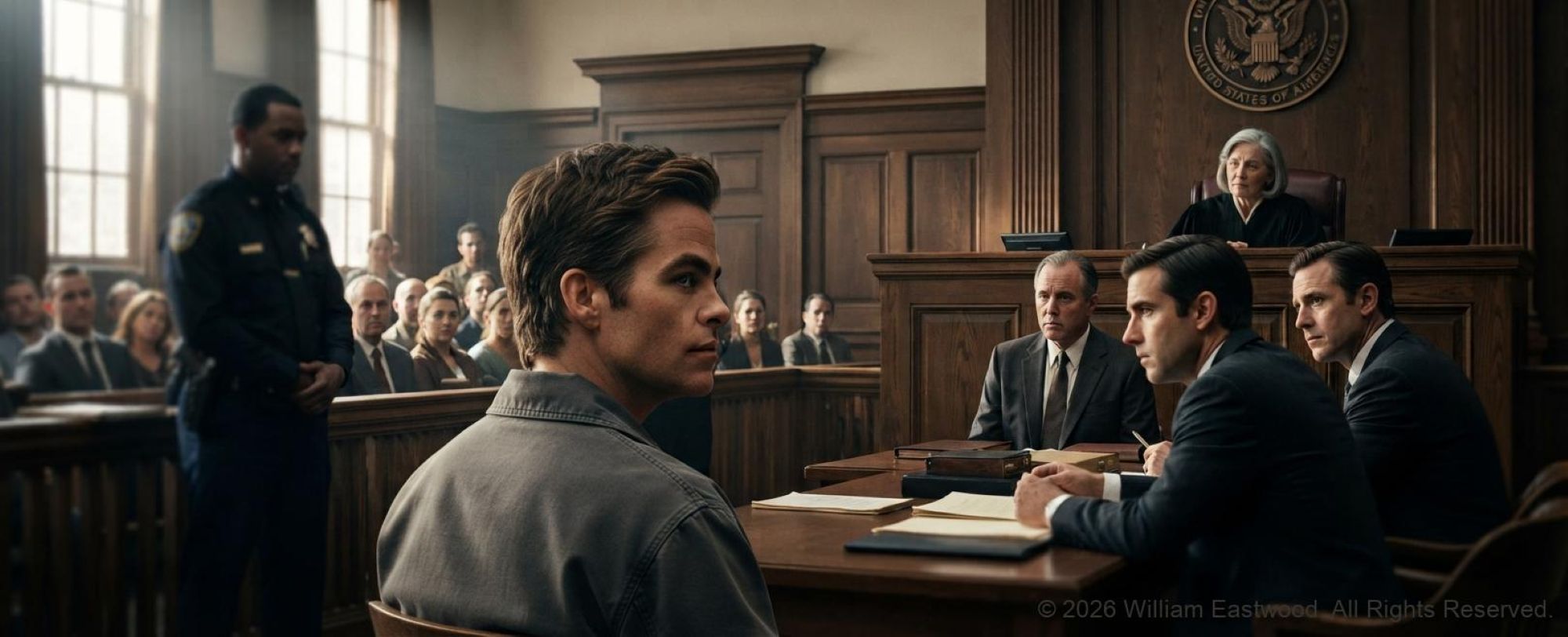 A central protagonist sitting in a wood-paneled New Haven courtroom with a female judge, jury, and defense attorneys.